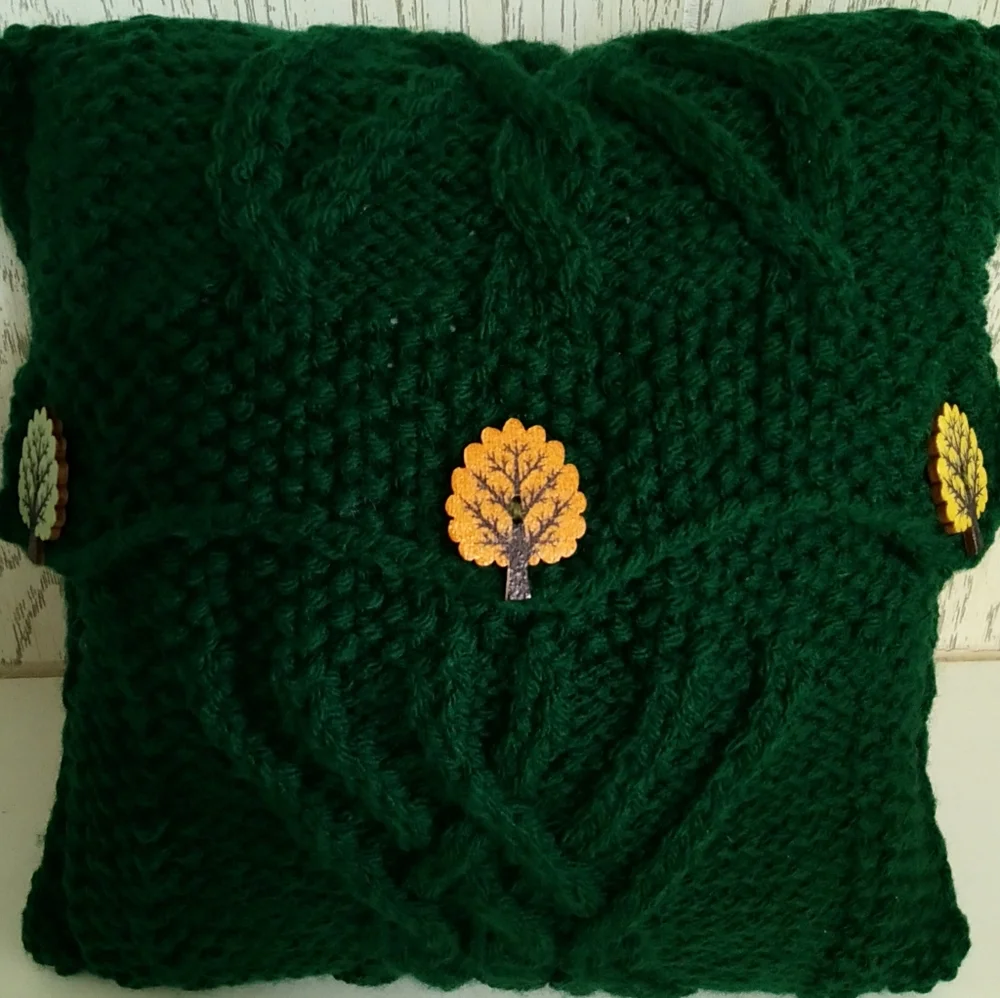 Hand Crafted  Knit Cable Throw Pillow Green Tree Buttons
